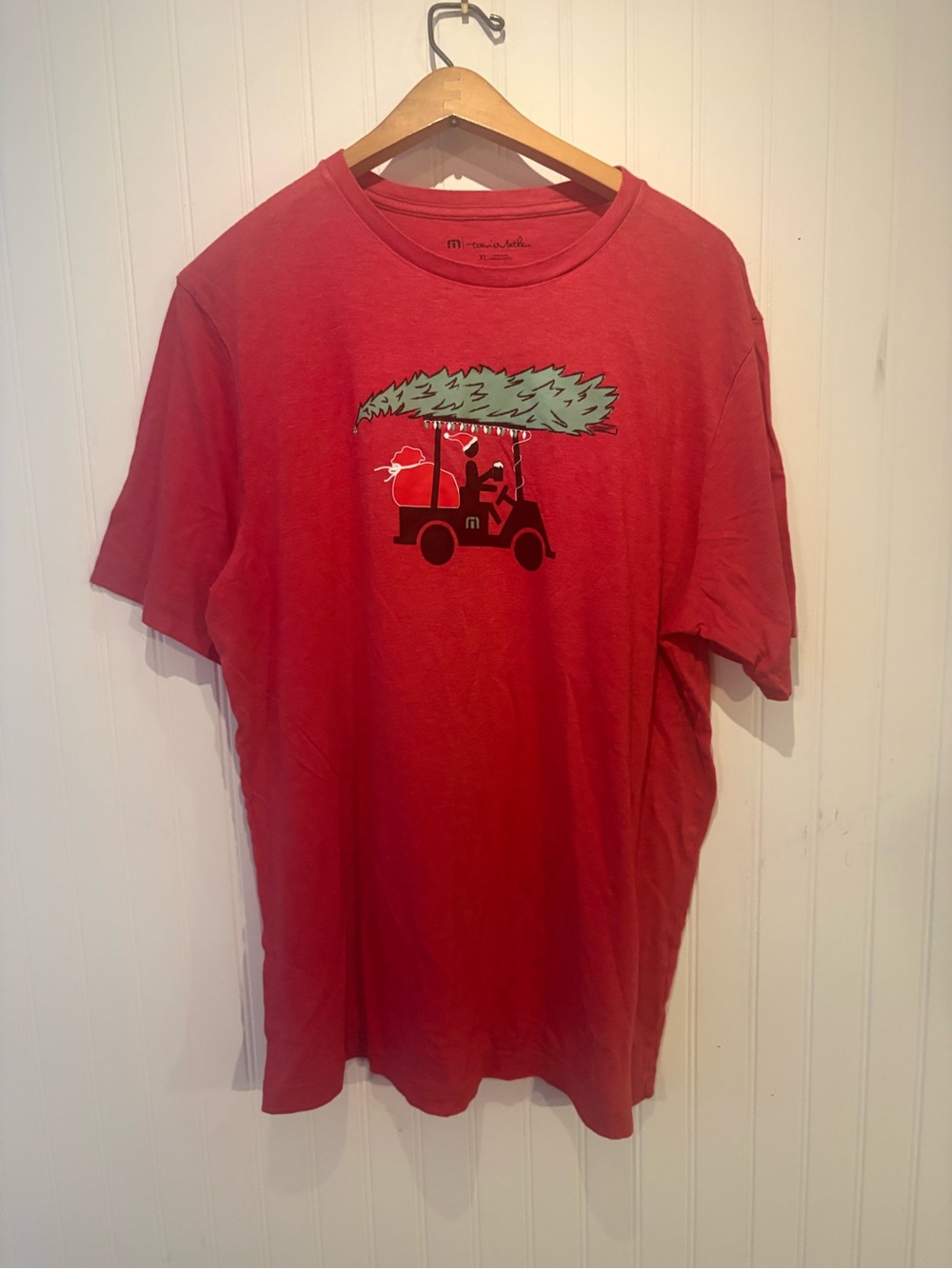Travis Mathew Red Short Sleeve Tee Christmas Golf Cart Beer